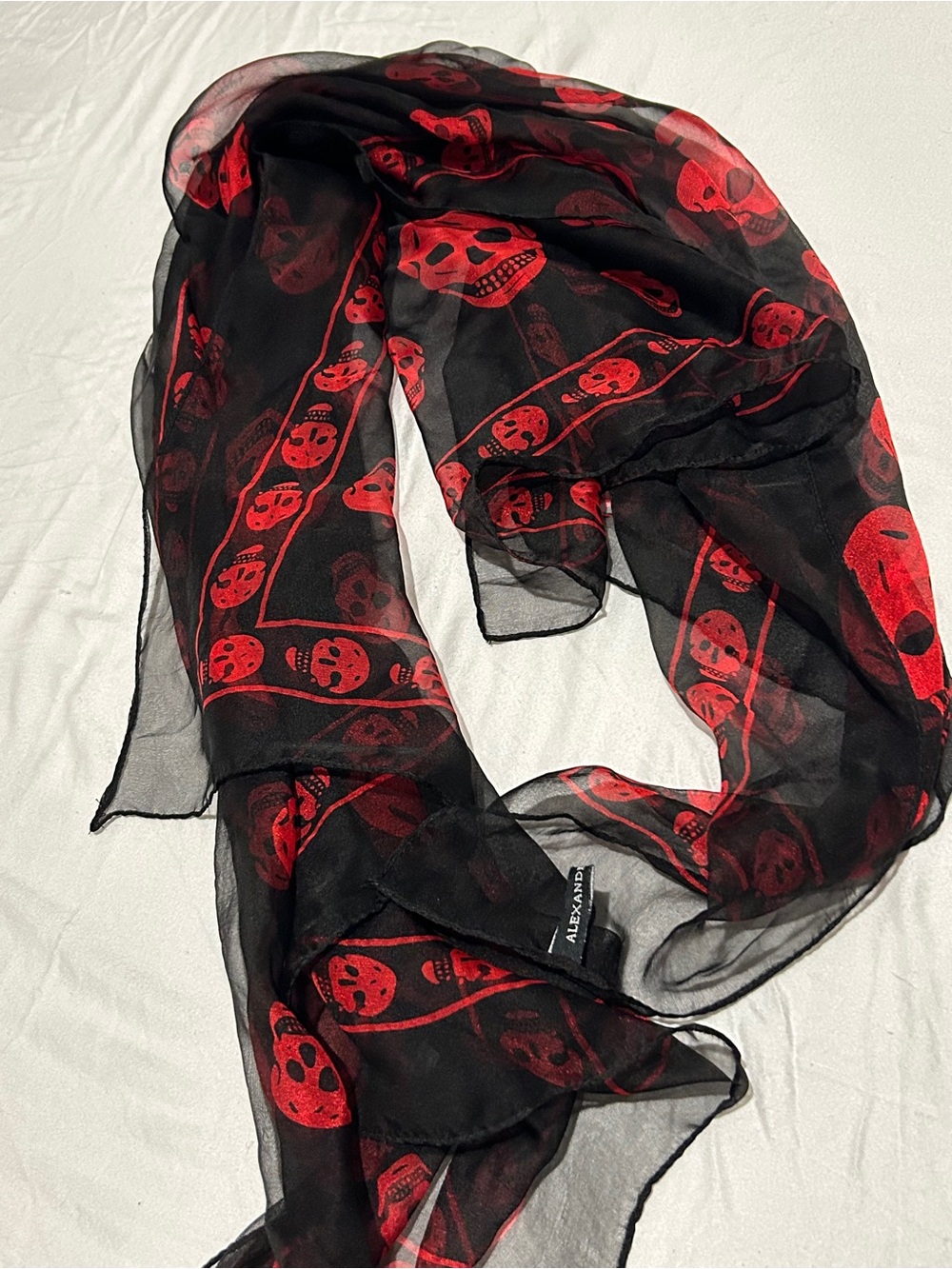 Alexander McQueen Black Sheer Scarf with Red Skull Motif